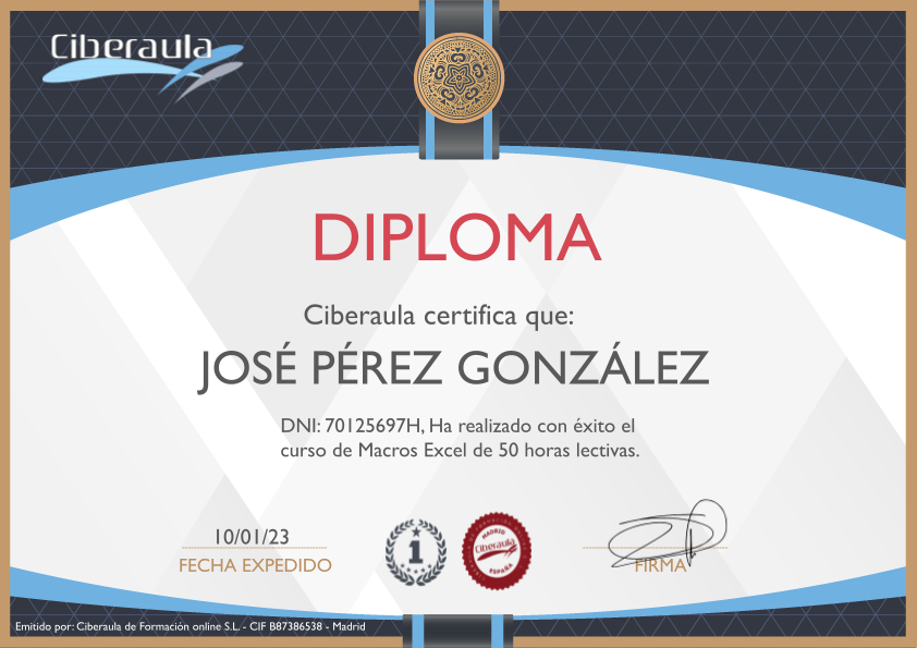 Diploma acreditativo de Cursos de Macros Excel Online