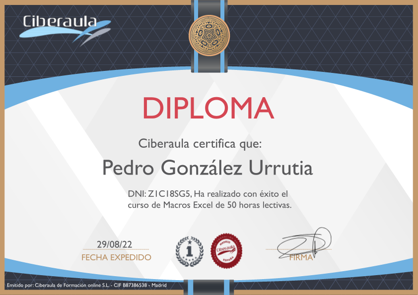 Diploma acreditativo de Cursos de Macros en Excel para no proramadores online