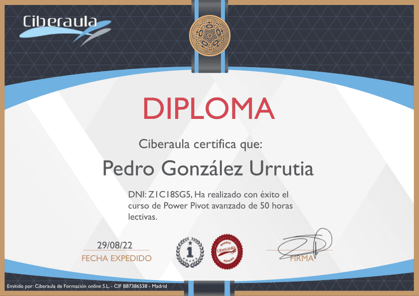 Diploma acreditativo de Cursos de Power Pivot Avanzado online