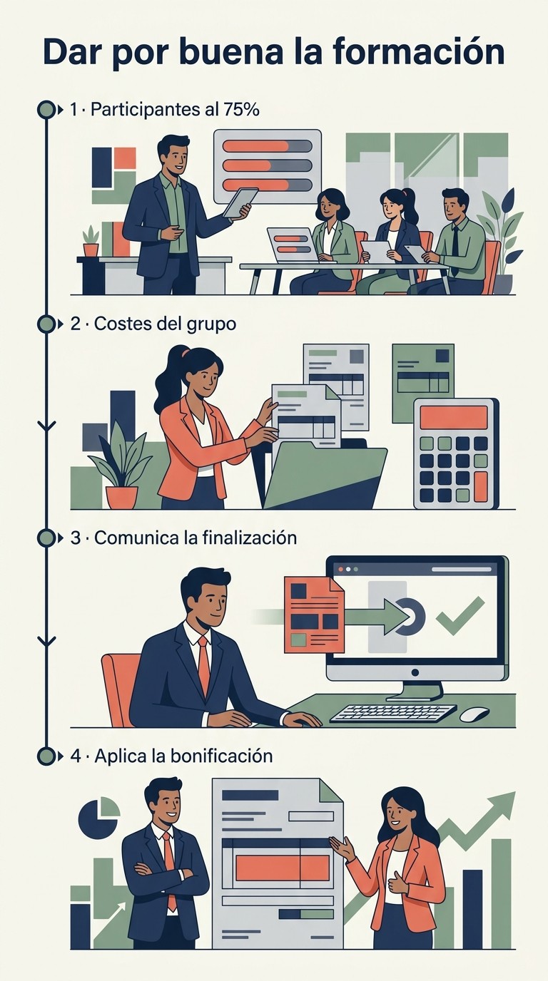 Infografía vertical ilustrada de cómo se da por buena la formación bonificada: participantes al 75 por ciento, costes del grupo, comunicación de la finalización y aplicación de la bonificación.