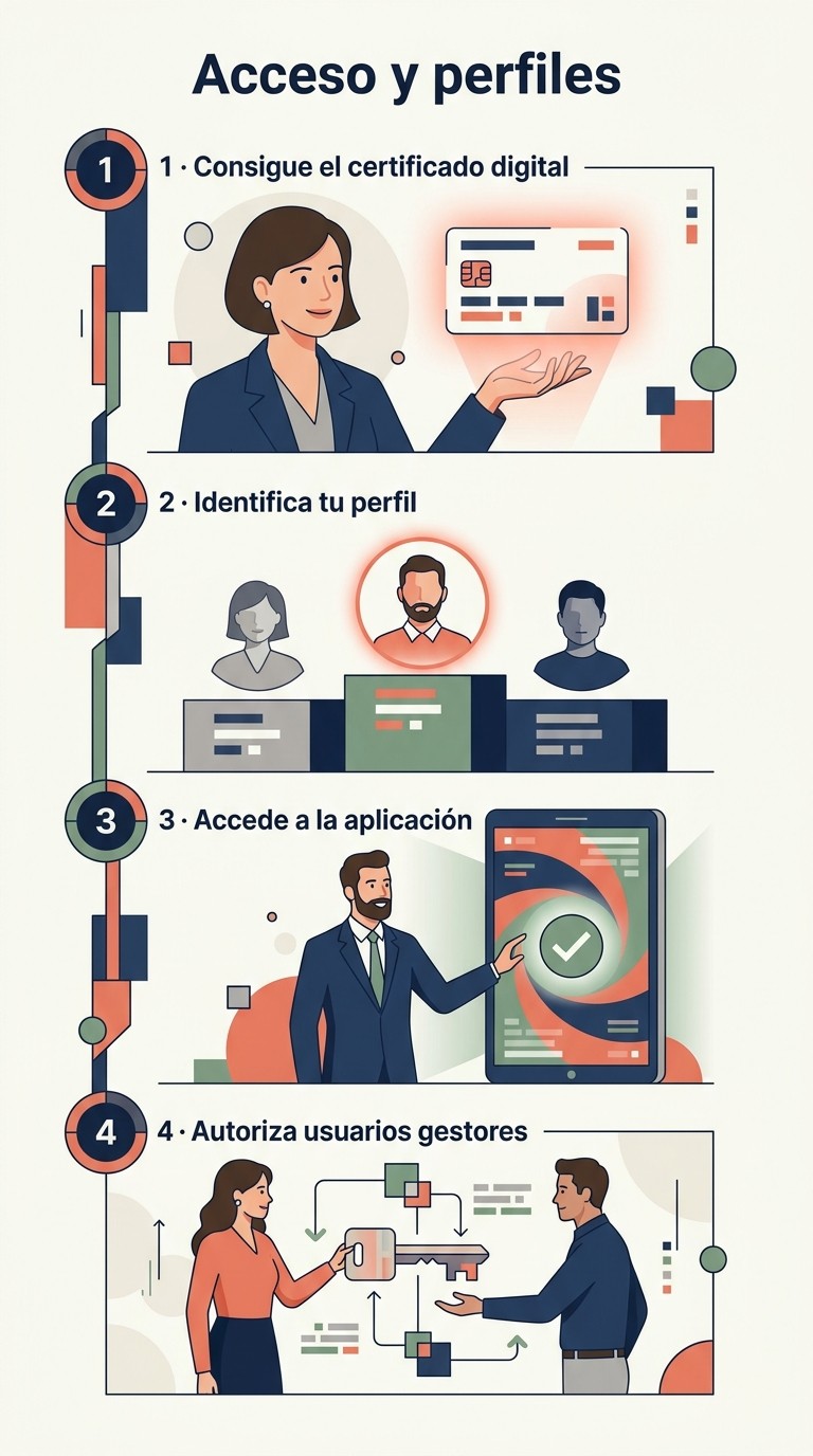Infografía ilustrada: Certificado digital, perfiles y autorizaciones para entrar en la aplicación de FUNDAE.