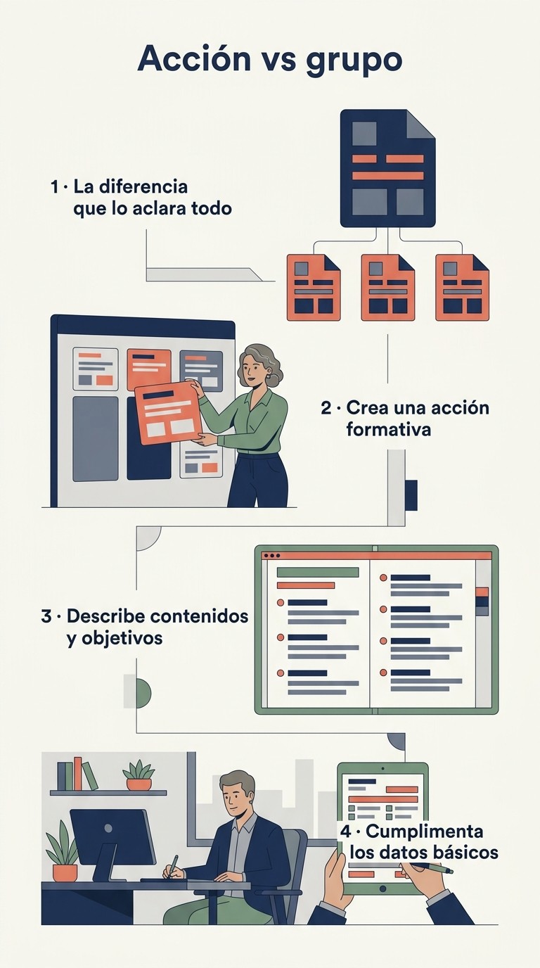 Infografía ilustrada: La diferencia entre acción formativa y grupo, y el alta de la acción paso a paso.