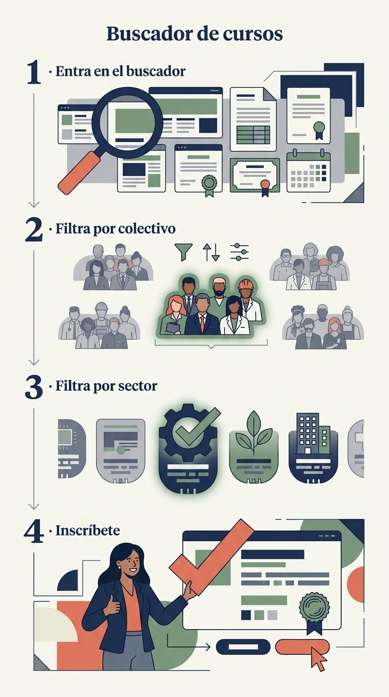 Infografía ilustrada: El buscador oficial de cursos: entrar, filtrar por colectivo y sector, e inscribirse.