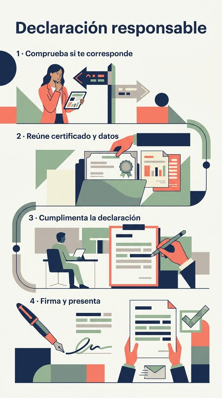 Infografía ilustrada: La declaración responsable: a quién corresponde, qué reunir, cumplimentar, firmar y presentar.