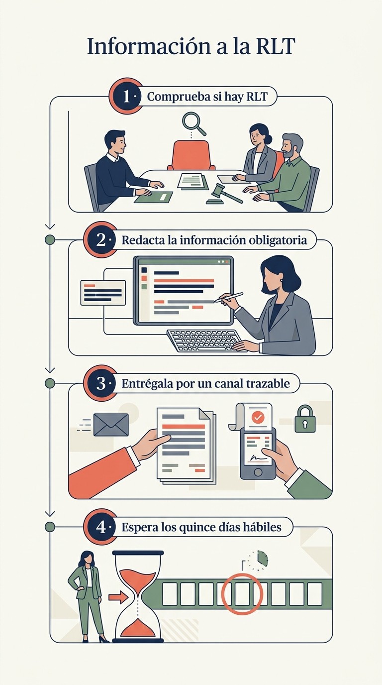 Infografía ilustrada: Informar a la RLT: comprobar, redactar, entregar con acuse y esperar los quince días hábiles.