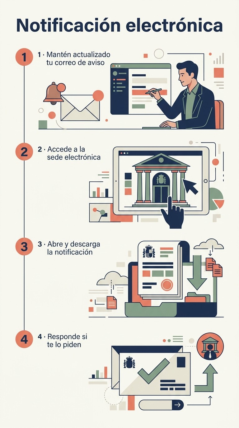 Infografía ilustrada: Las notificaciones electrónicas: aviso al correo, sede, descarga y respuesta.
