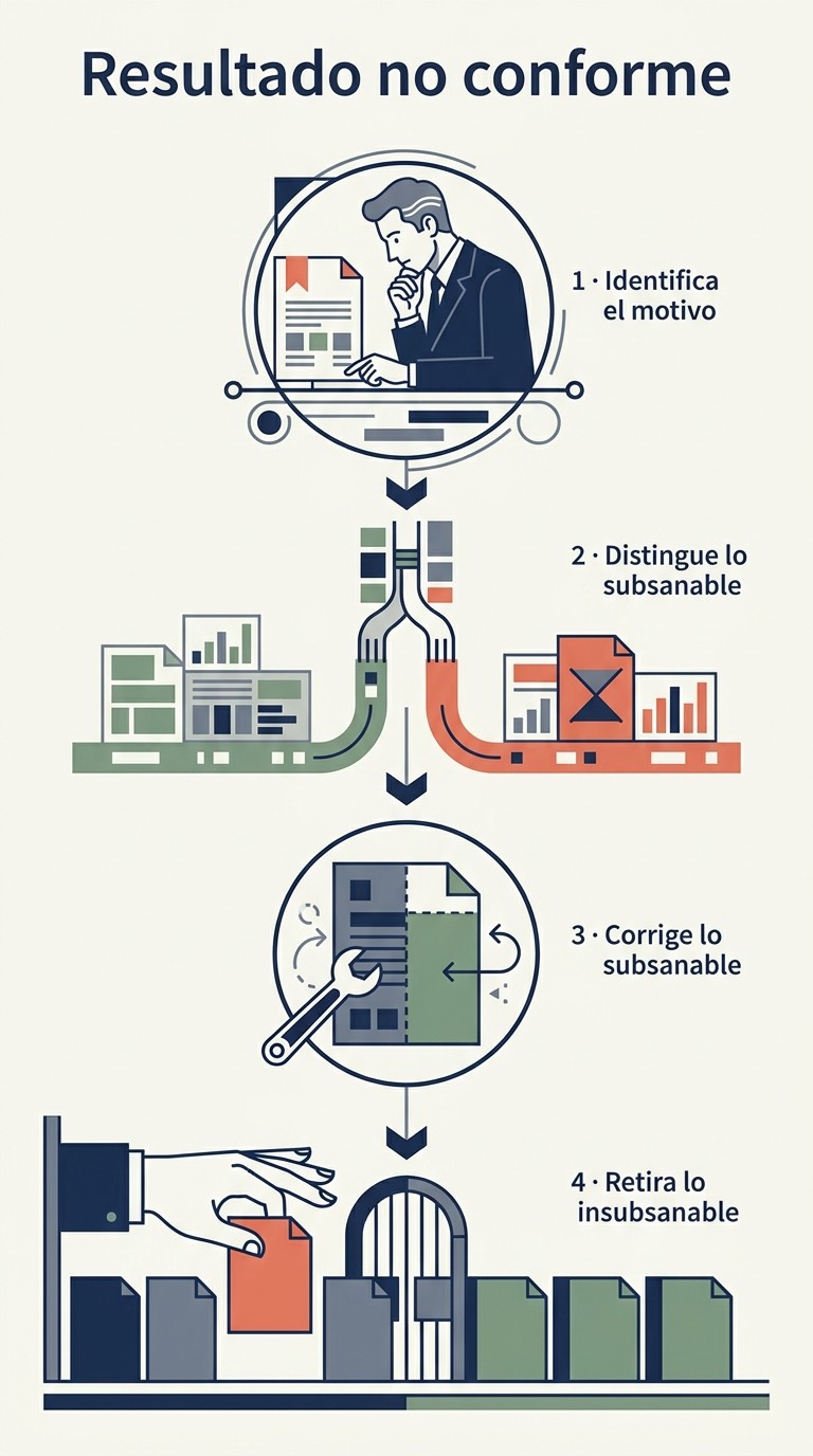 Infografía ilustrada: El resultado no conforme: identificar el motivo, distinguir y corregir lo subsanable, retirar lo insubsanable.