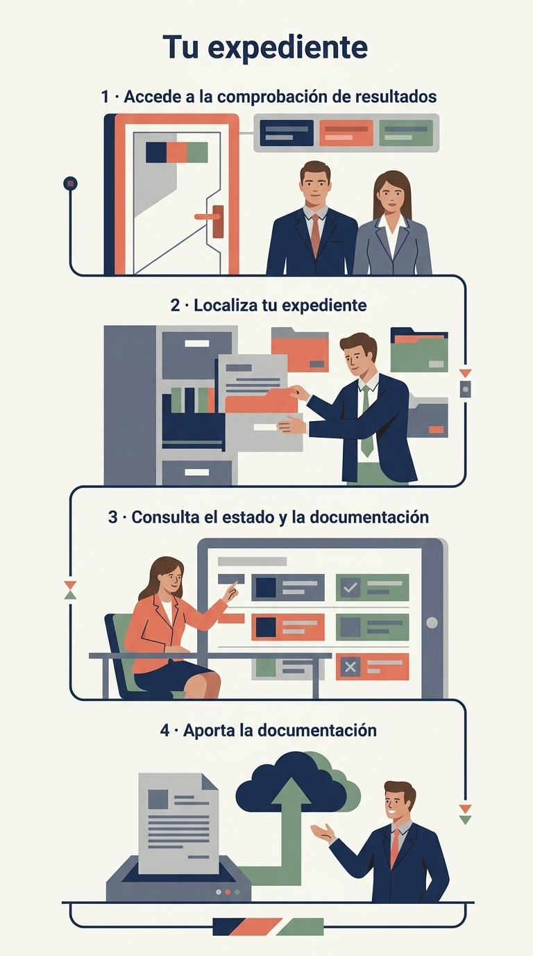 Infografía ilustrada: Consultar tu expediente: comprobación de resultados, localizar, revisar estado y aportar documentación.