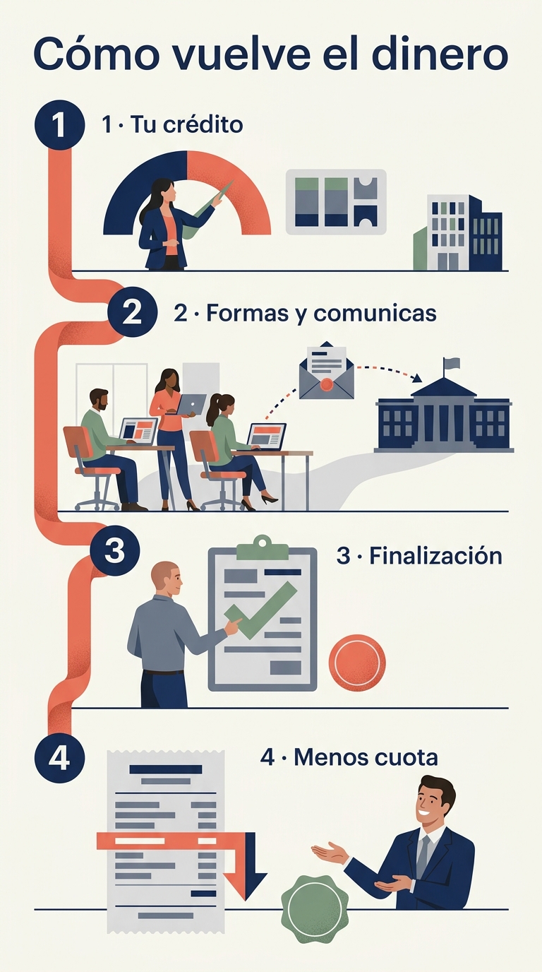 Infografía ilustrada del circuito de la bonificación FUNDAE en cuatro estaciones: consultar el crédito de formación, formar a los trabajadores y comunicar el grupo, comunicar la finalización y recuperar el dinero como una cuota menor a la Seguridad Social.