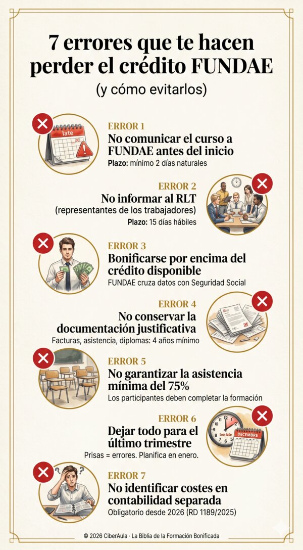 Infografía: 7 errores que te hacen perder el crédito FUNDAE — no comunicar a tiempo, no informar al RLT, bonificarse de más, no conservar documentación, no garantizar asistencia, dejarlo para el último trimestre, no identificar costes en contabilidad.
