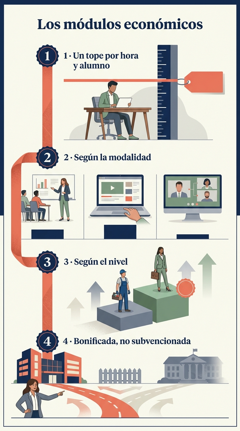 Infografía ilustrada de los módulos económicos de FUNDAE: un tope de coste por hora y participante que varía según la modalidad (presencial, teleformación o aula virtual) y según el nivel de la formación, distinto en la formación bonificada y en la subvencionada.