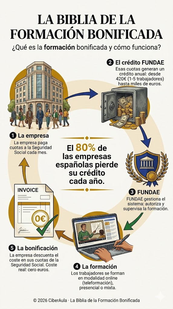 Infografía: Qué es la formación bonificada — cómo funciona el sistema FUNDAE paso a paso, desde la cotización hasta la bonificación.