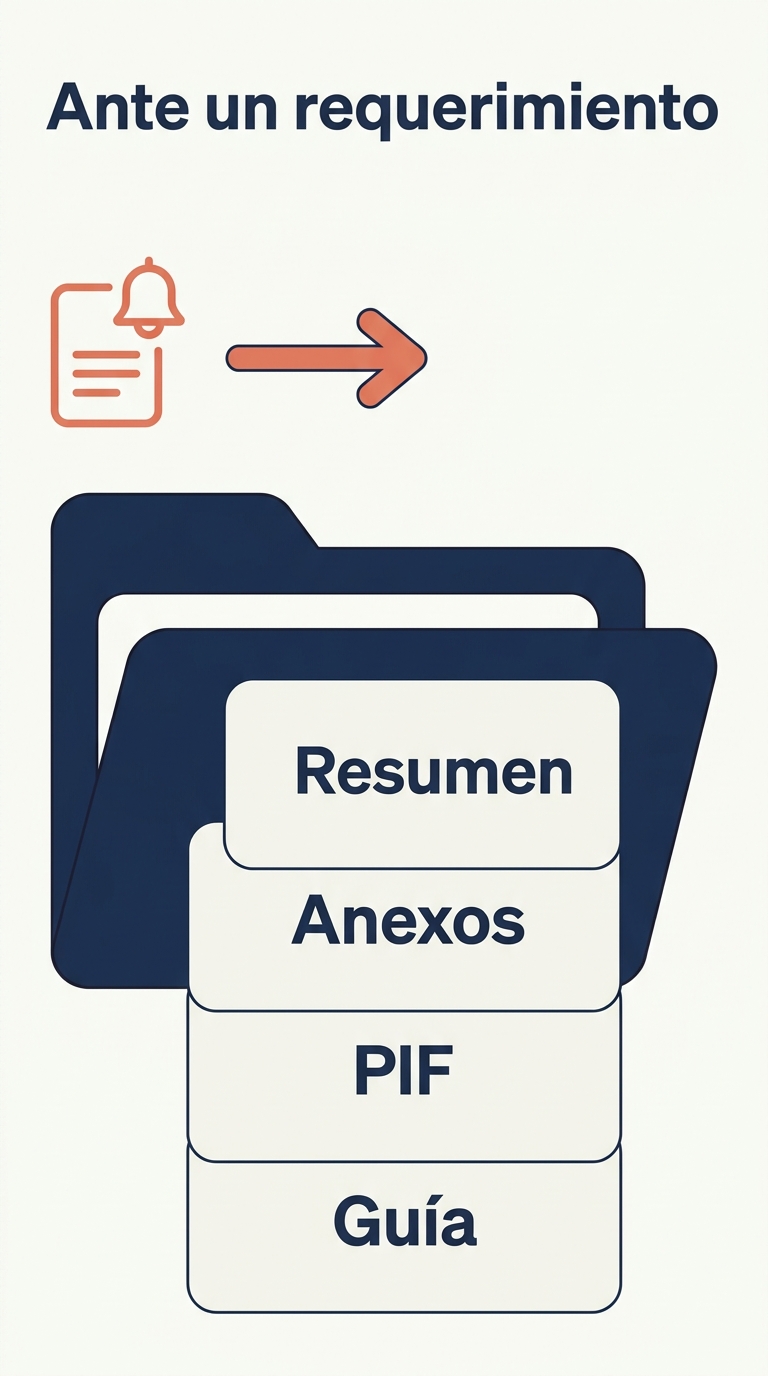 Infografia vertical: cuando FUNDAE emite un requerimiento, la empresa presenta una carpeta con el resumen de costes B1 y sus anexos, el B2 con los costes del PIF y se apoya en la guia de orientacion de costes.