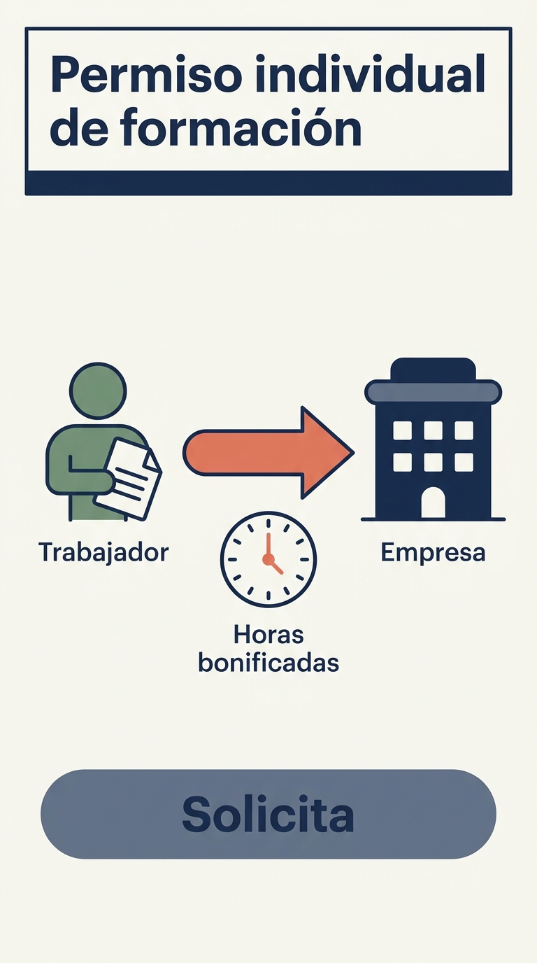 Infografia vertical: el trabajador solicita a su empresa el permiso individual de formacion para cursar una titulacion oficial; la empresa concede el permiso y puede bonificar parte de las horas laborales.