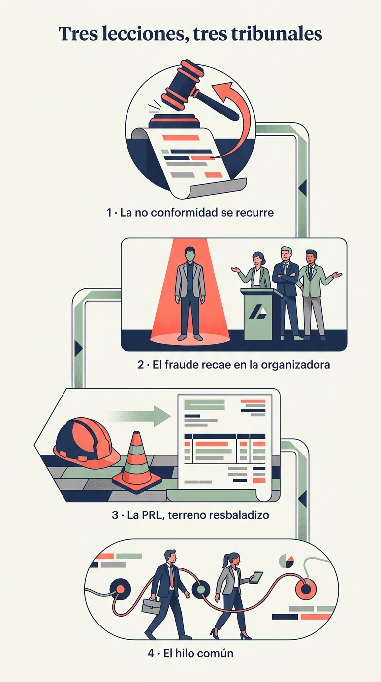 Infografía de las tres lecciones judiciales de la formación bonificada: la no conformidad se recurre, el fraude recae en la organizadora y la PRL es terreno resbaladizo.