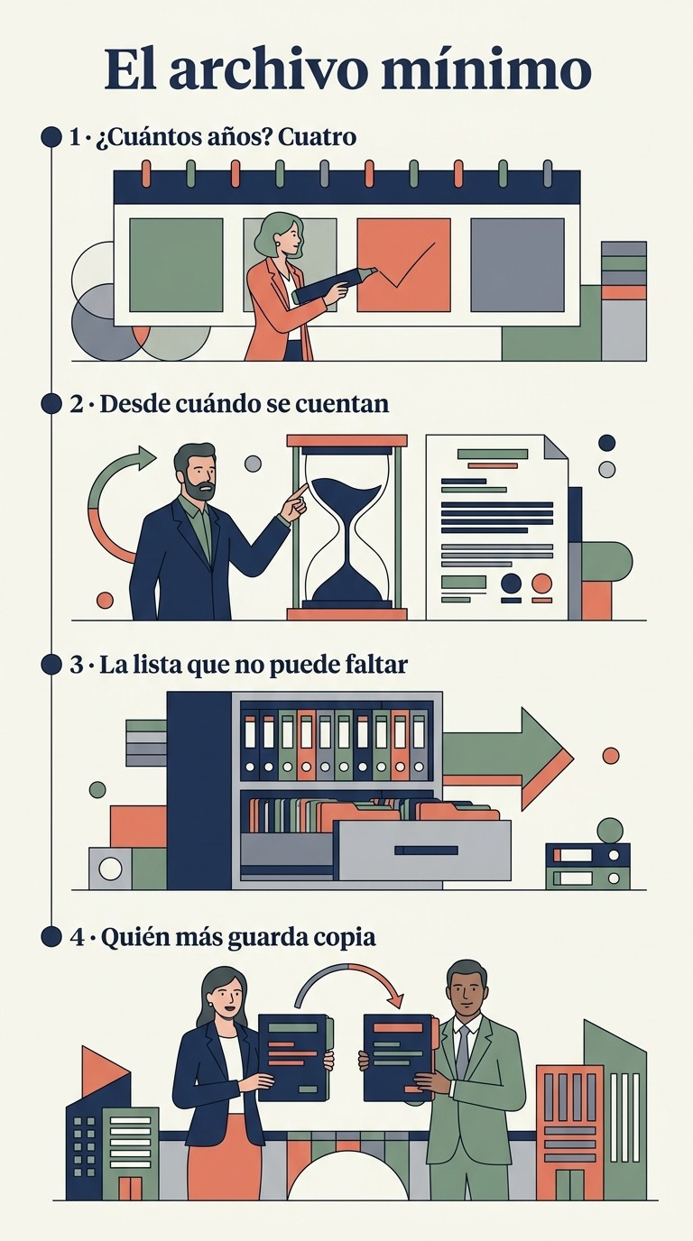 Infografía del archivo mínimo de la formación bonificada: cuatro años de conservación, desde cuándo se cuentan, la lista imprescindible y quién más guarda copia.