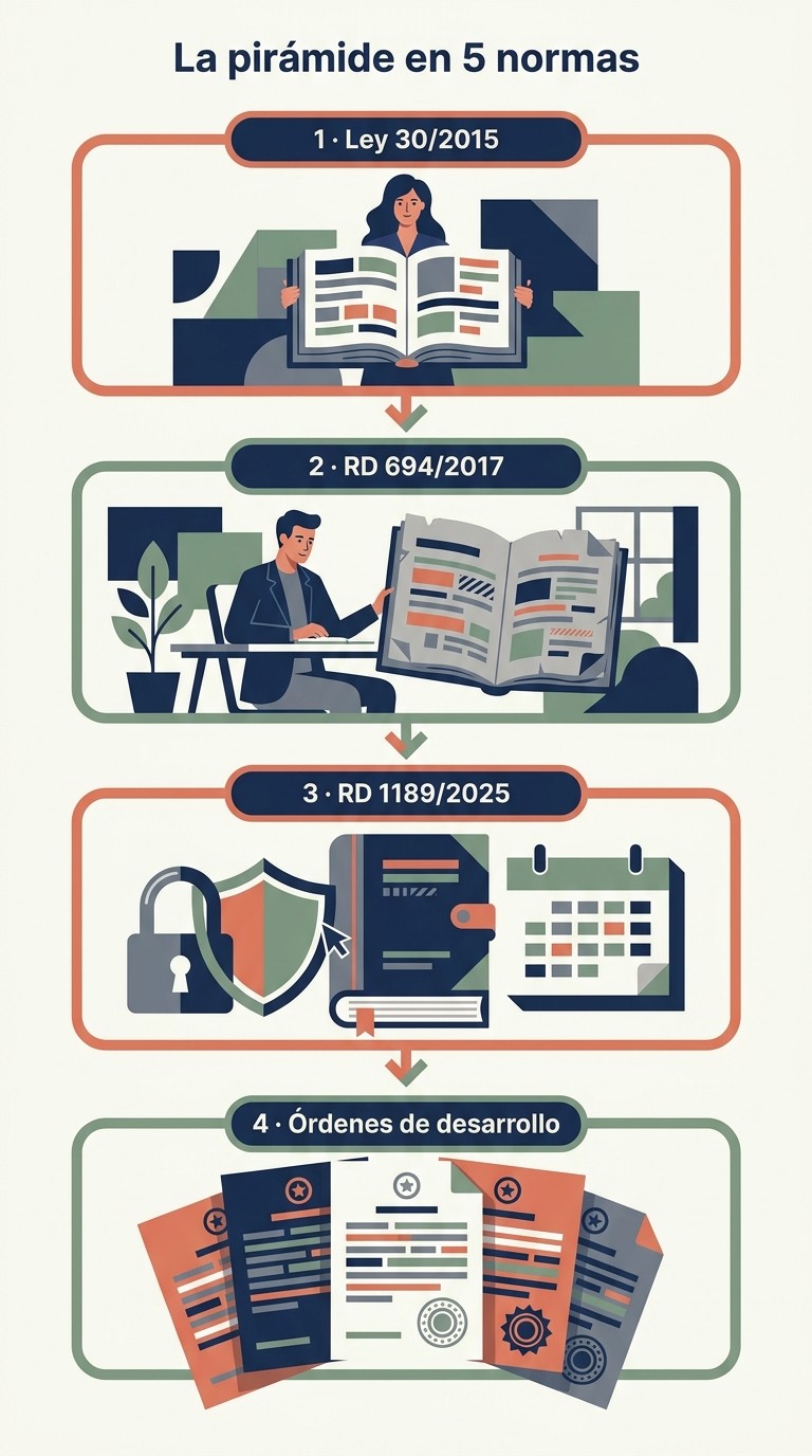 Infografía ilustrada de la pirámide normativa de la formación bonificada en cinco normas: Ley 30/2015, RD 694/2017, RD 1189/2025 y las órdenes de desarrollo.