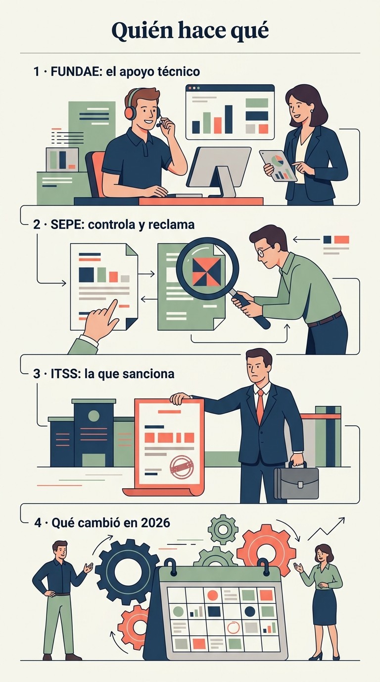Infografía de quién hace qué en la formación bonificada: FUNDAE como apoyo técnico, el SEPE que controla y reclama, la Inspección que sanciona y lo que cambió en 2026.