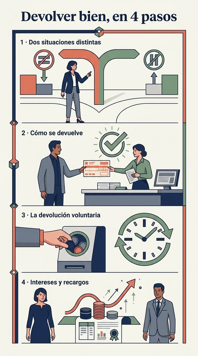 Infografía de cómo devolver bien una bonificación: dos situaciones distintas, el procedimiento, la devolución voluntaria y los intereses y recargos.