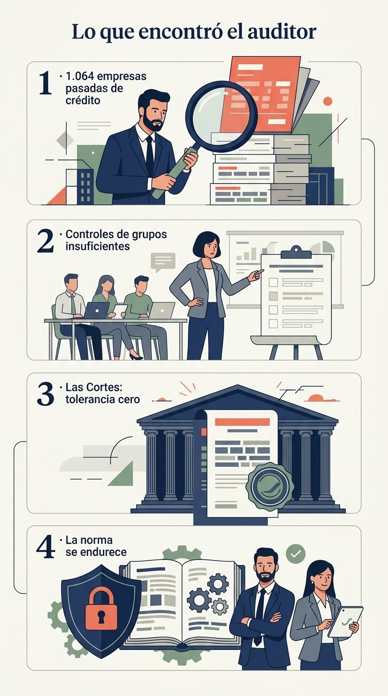 Infografía vertical ilustrada de la fiscalización del Tribunal de Cuentas a la formación bonificada: 1.064 empresas pasadas de crédito, controles de grupos insuficientes, el mandato de tolerancia cero de las Cortes y el endurecimiento de la norma.