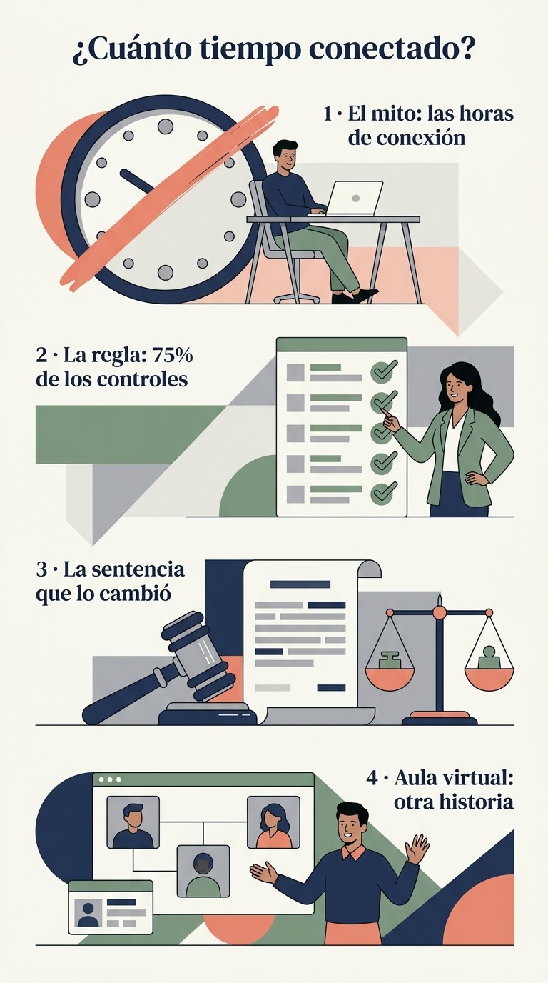 Infografía ilustrada: el mito de las horas de conexión, la regla del 75% de los controles, la sentencia que lo cambió y la excepción del aula virtual.