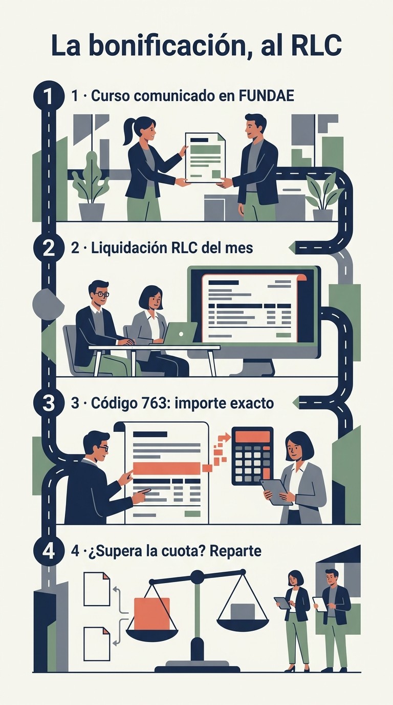 Infografía vertical ilustrada de cómo se aplica la bonificación en el RLC del Sistema RED: curso comunicado en FUNDAE, liquidación RLC del mes, código 763 con el importe exacto y reparto si supera la cuota.