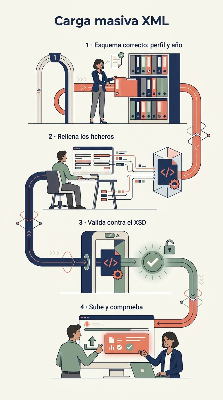 Infografía vertical ilustrada de la carga masiva XML a FUNDAE en cuatro pasos: elegir el esquema correcto de perfil y año, rellenar los ficheros, validar contra el XSD y subir y comprobar el resultado.
