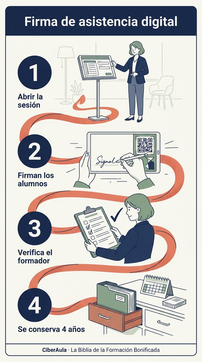 Infografía vertical ilustrada de la firma de asistencia digital en cuatro pasos: abrir la sesión, firman los alumnos en tablet o por QR, el formador verifica y firma, y el registro se conserva cuatro años.