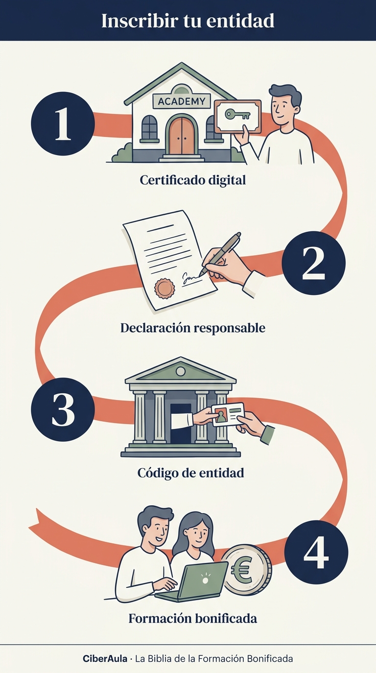 Infografia vertical ilustrada del recorrido para inscribir una entidad de formacion: certificado digital, declaracion responsable, codigo de entidad que asigna el registro y formacion bonificada ya habilitada.