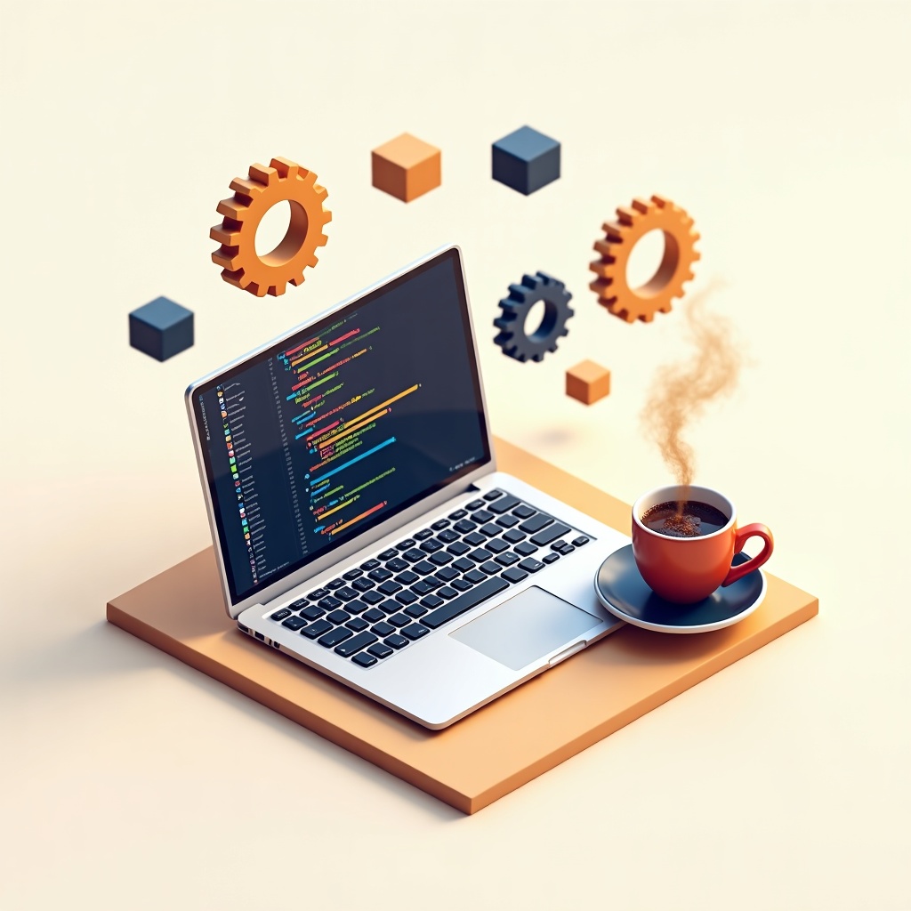 Ilustración del curso gratuito de Java de Ciberaula: código, taza de café y programación orientada a objetos