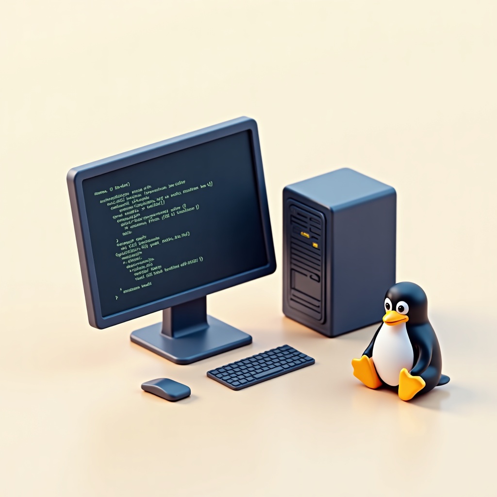 Ilustración del curso gratuito de Linux de Ciberaula: terminal de comandos, servidor y pingüino