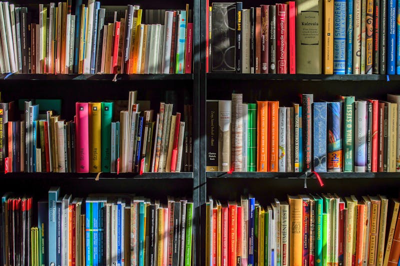 Estantería de madera oscura llena de libros de colores ordenados en filas