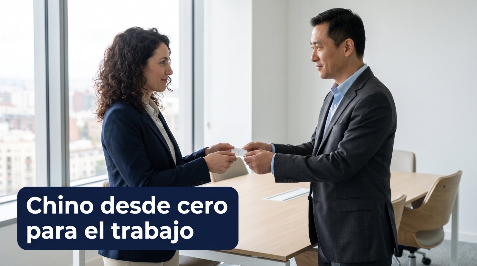 Profesional española recibiendo con las dos manos la tarjeta de visita de un empresario chino
