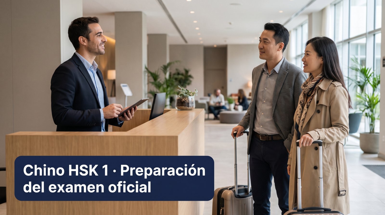 Recepcionista de hotel atendiendo a una pareja de visitantes chinos