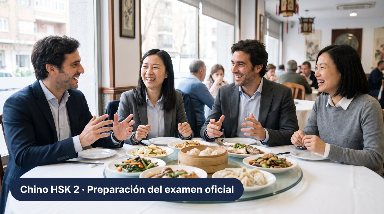 Comida de negocios entre profesionales españoles y chinos en un restaurante