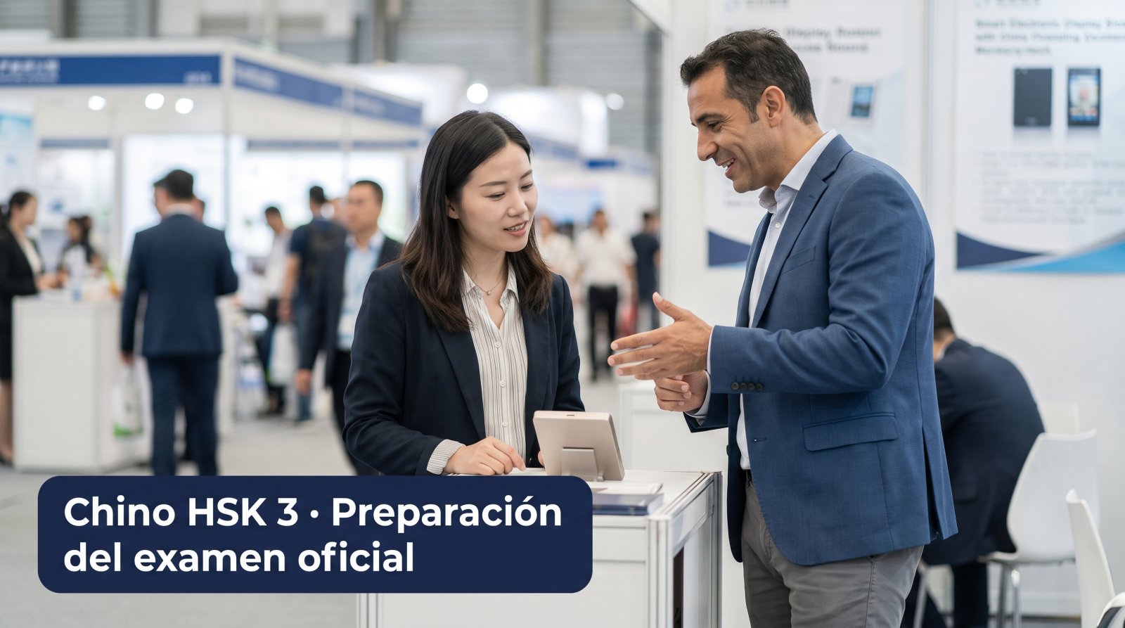 Profesional español conversando con un comprador chino en una feria comercial