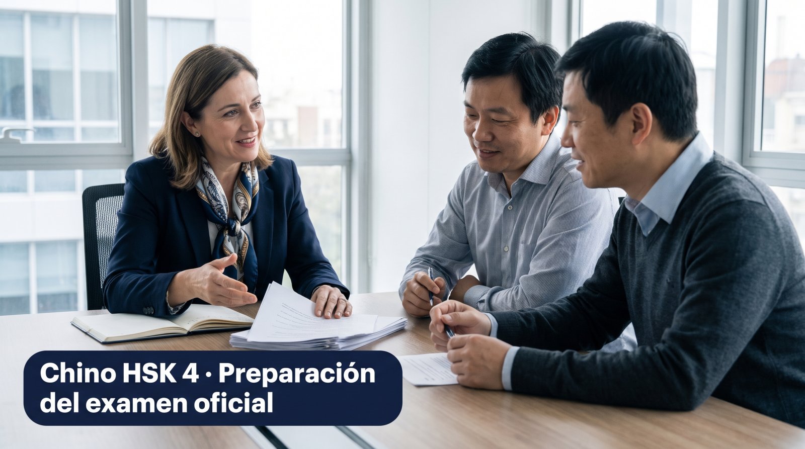 Profesional española negociando con proveedores chinos en una sala de reuniones