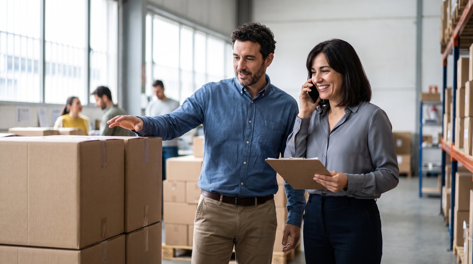 Equipo de logística de una empresa exportadora preparando envíos