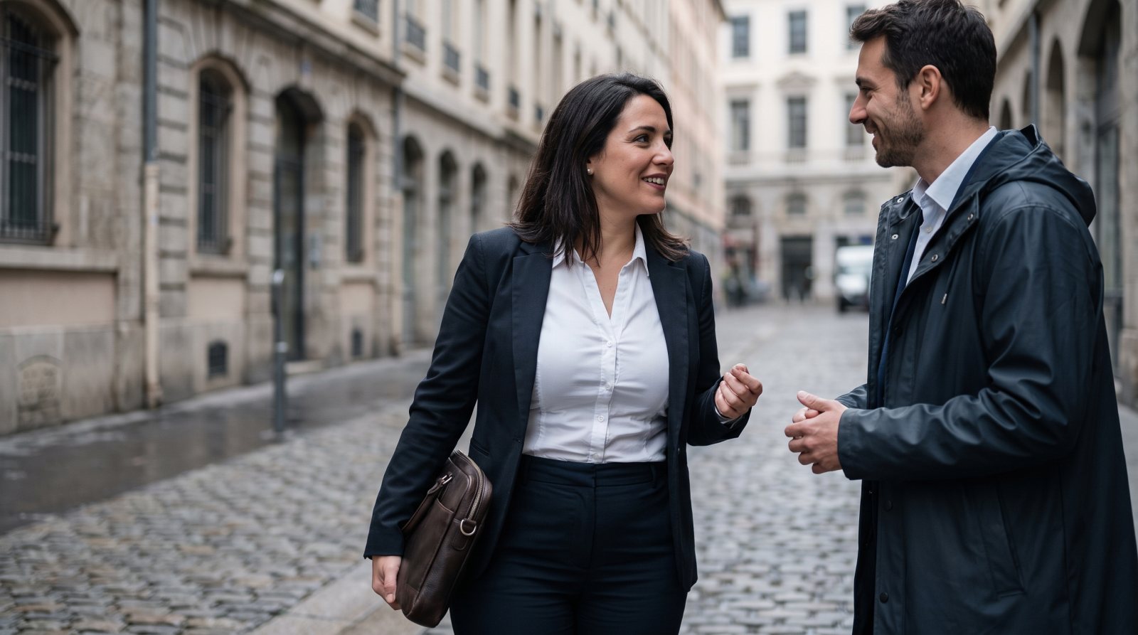 Profesional española conversando con un colega francés en una calle de Francia