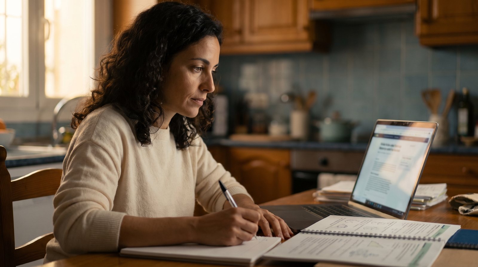 Mujer preparando en casa el examen de la nacionalidad con un portátil y un cuaderno