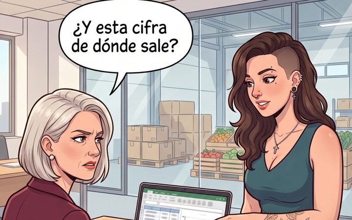 Viñeta: Carmen, ante una hoja de cálculo, pregunta «¿Y esta cifra de dónde sale?» mientras Lucía le señala la pantalla