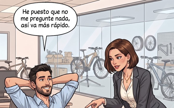 Viñeta: Sergio, recostado ante su portátil con las manos detrás de la cabeza, dice «He puesto que no me pregunte nada, así va más rápido» mientras Silvia le señala la pantalla