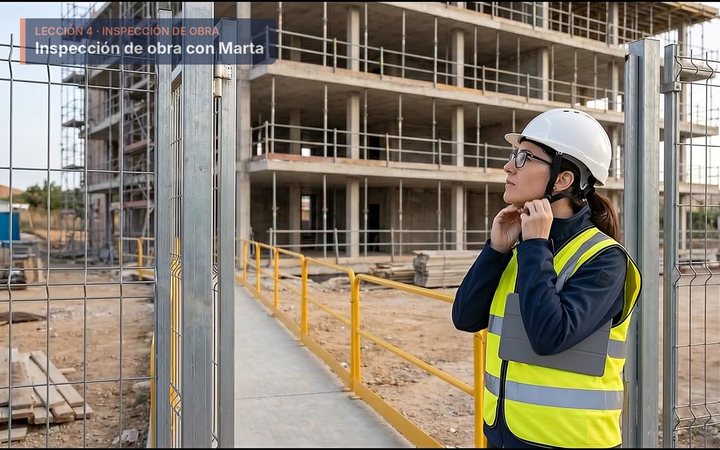 Fotograma del vídeo: Marta se ajusta el casco a la entrada de una obra de edificación