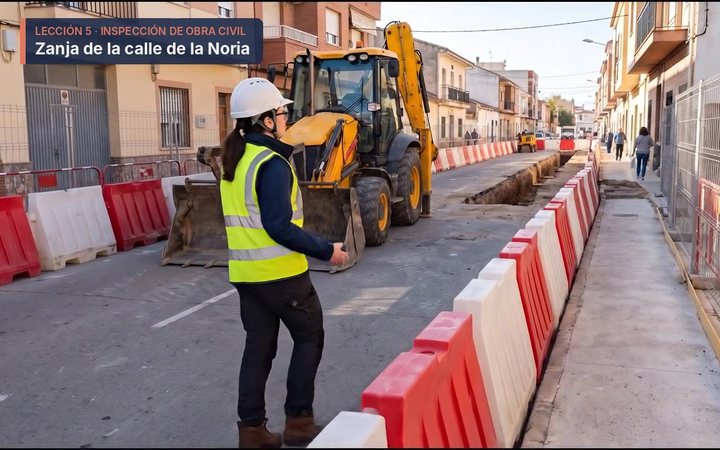 Fotograma del vídeo: Marta inspecciona una zanja abierta en una calle, con una retroexcavadora y barreras de seguridad