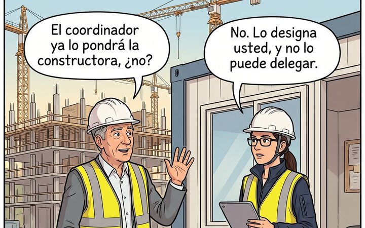 Viñeta: el promotor dice que el coordinador lo pondrá la constructora y Marta le responde que lo designa él