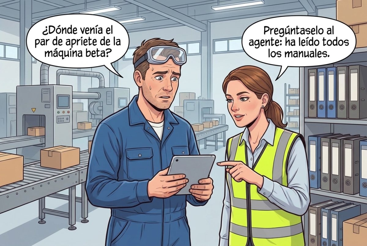 Viñeta: un técnico de mantenimiento pregunta por el par de apriete de una máquina y la jefa de mantenimiento le dice que se lo pregunte al agente