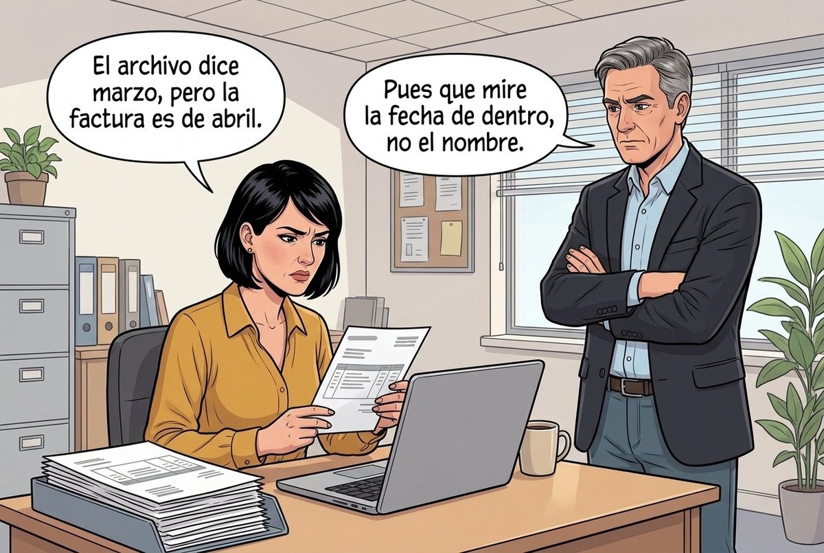 Viñeta: una administrativa con una factura en la mano advierte que el archivo dice marzo pero la factura es de abril, y el gestor responde que hay que mirar la fecha de dentro
