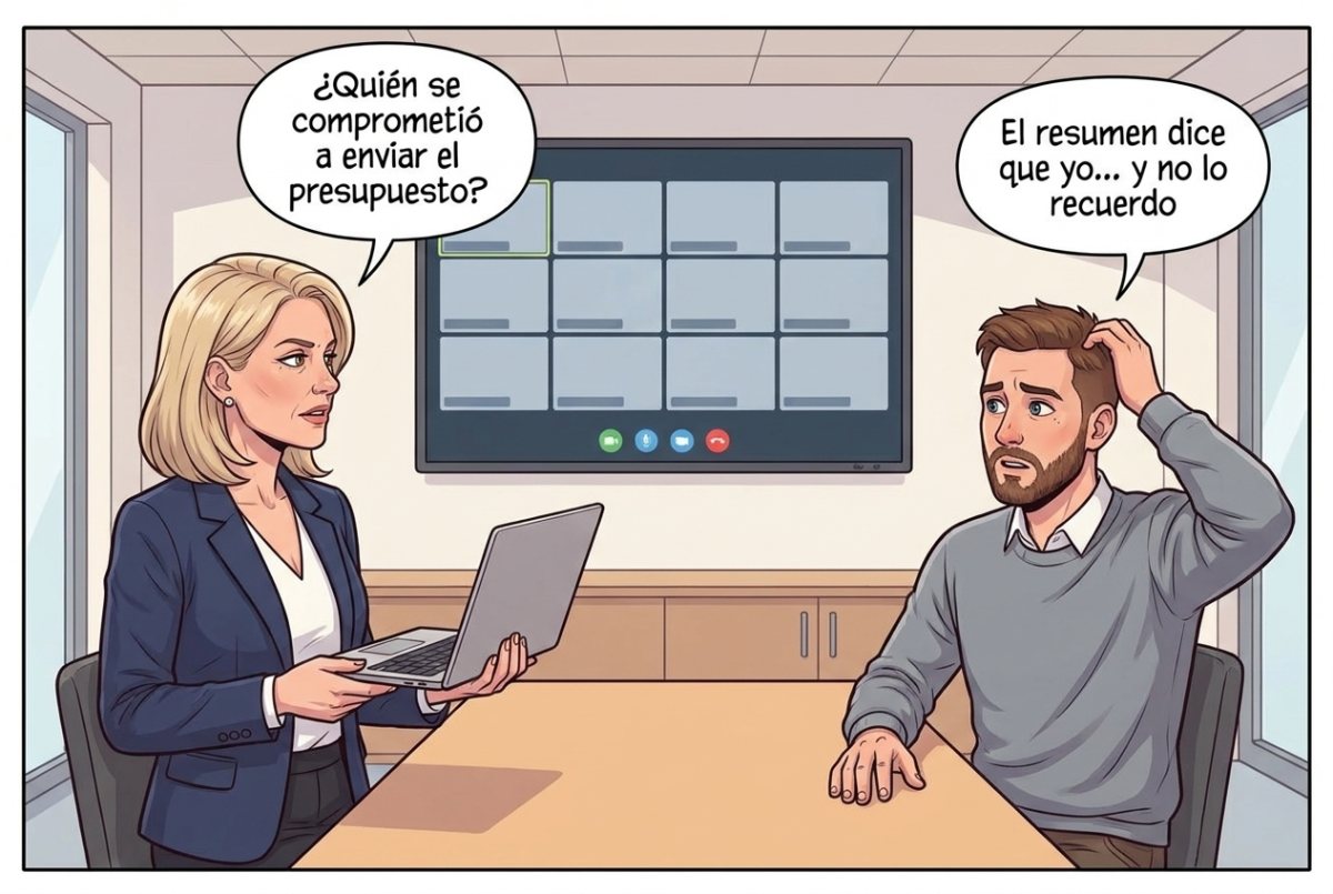 Viñeta: tras una videollamada, la directora comercial pregunta quién se comprometió a enviar el presupuesto y un compañero duda