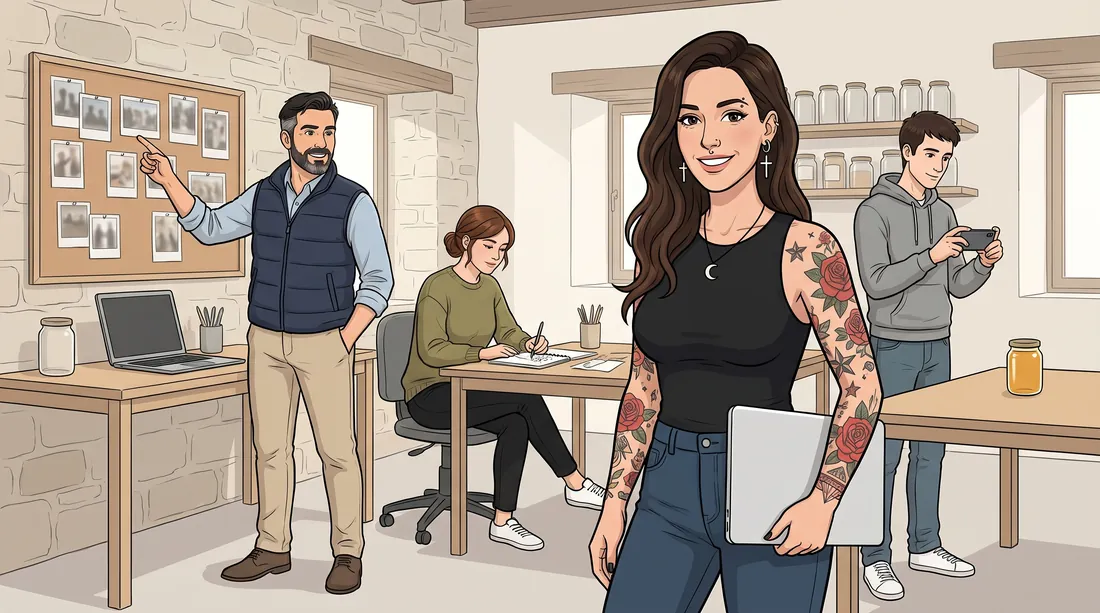 Ilustración: Natalia, con su portátil, delante del equipo de Brezalia en la oficina de la cooperativa; Iñaki señala fotos en un corcho, Ane dibuja y Joseba hace fotos con el móvil