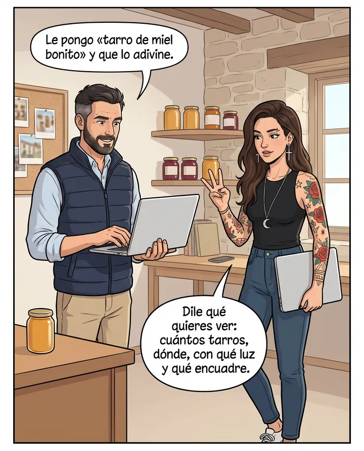 Viñeta: Iñaki, con el portátil, dice «Le pongo tarro de miel bonito y que lo adivine»; Natalia le responde «Dile qué quieres ver: cuántos tarros, dónde, con qué luz y qué encuadre»